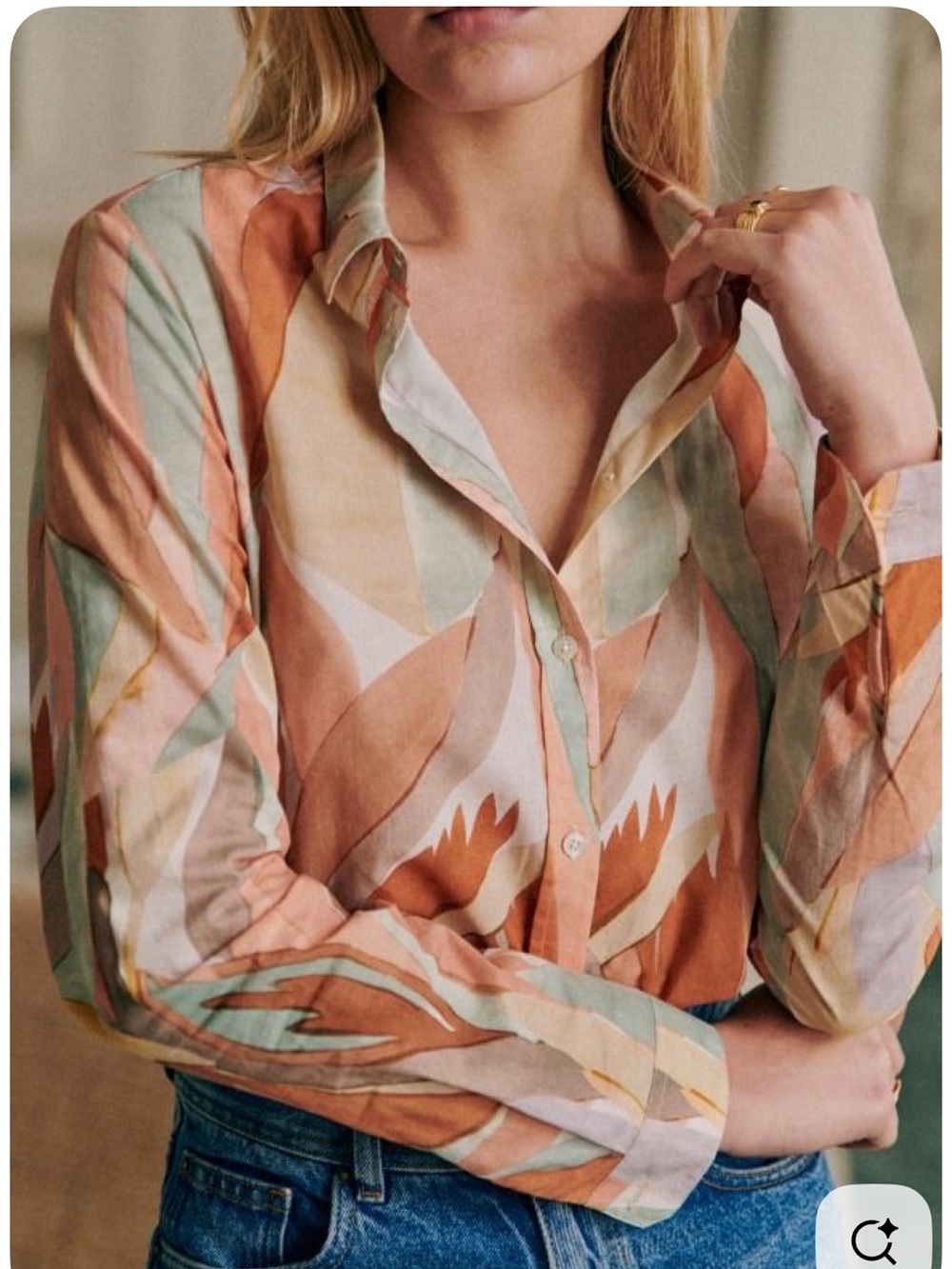 Sézane Pierro Leaves Long Sleeve Button Down Blouse in Pastel Earth Tones
